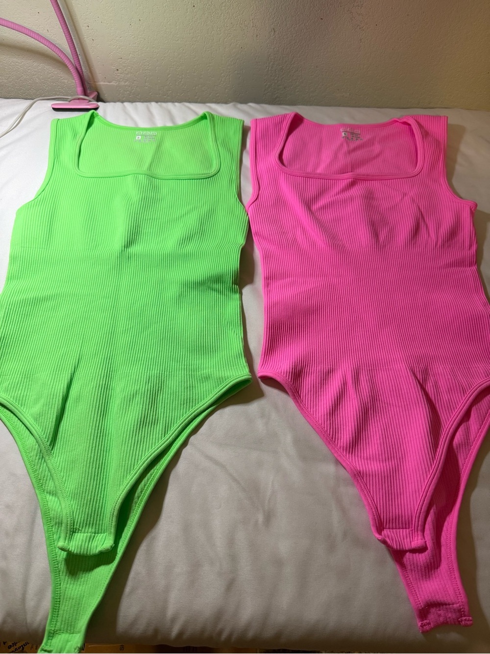Square Neck Ribbed Bodysuit - Neon Green & Hot Pink